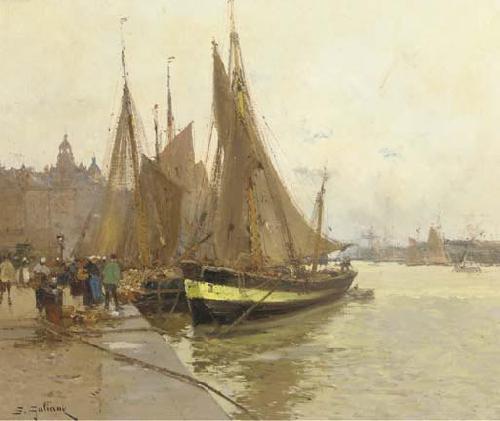 Eugene Galien-Laloue A bustling quayside